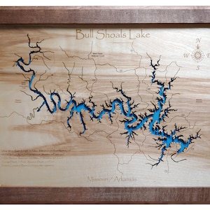 Bull Shoals Lake in Arkansas and Missouri  - Precision Laser Cut/Engraved Wood Map