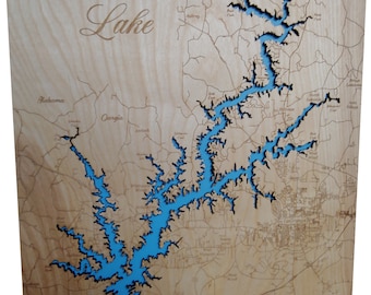West Point Lake GA - Mapa de madera cortada / grabada con láser de precisión