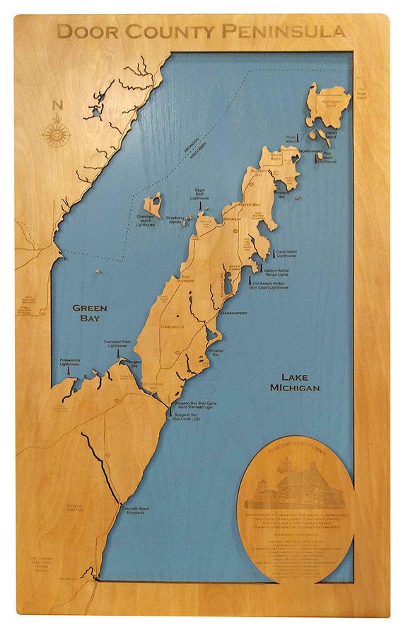 Door County Peninsula Michigan Wood Laser Cut Topographical Etsy