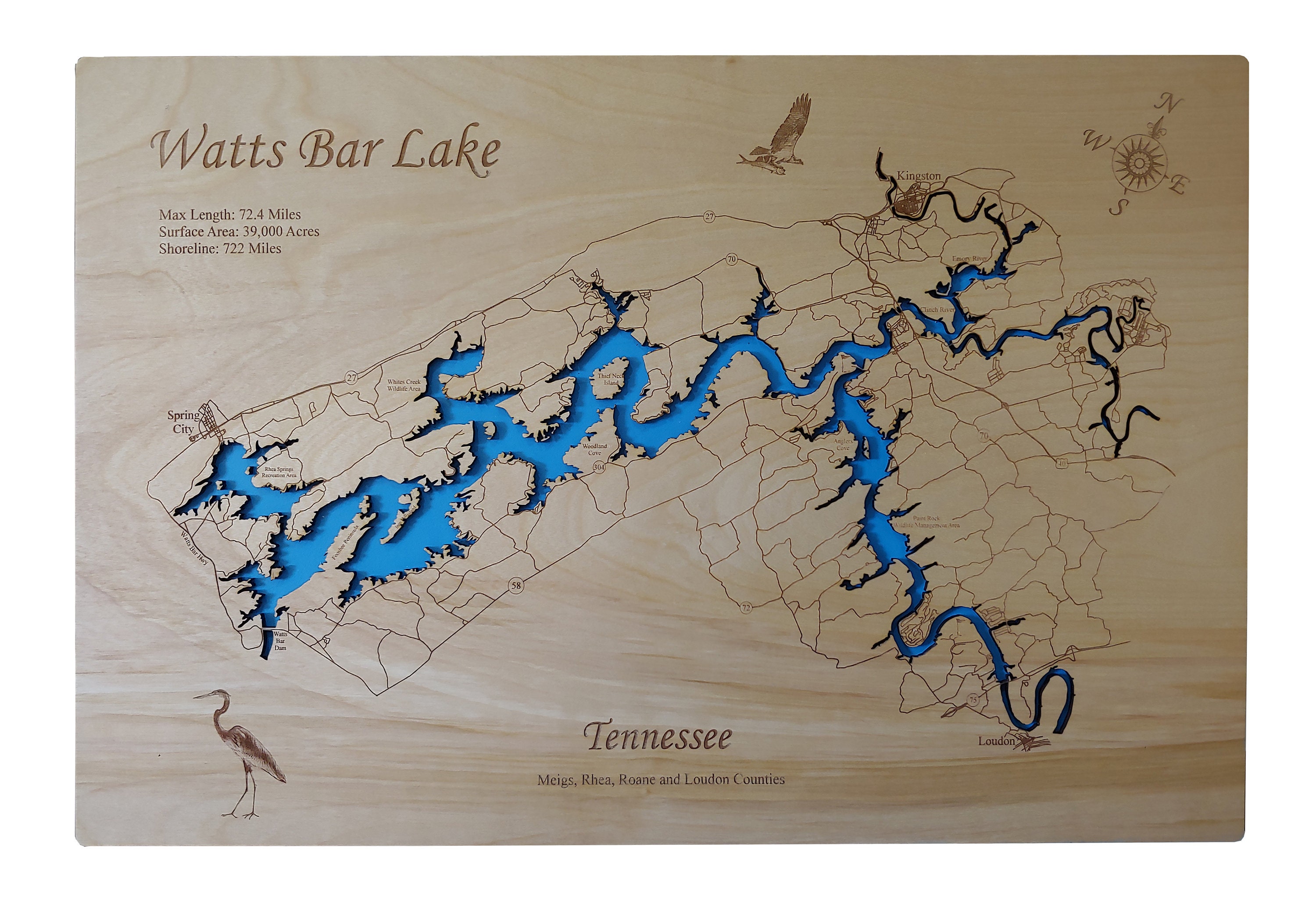 Wood Laser Cut Map of Watts Bar Lake TN Topographical Engraved Etsy