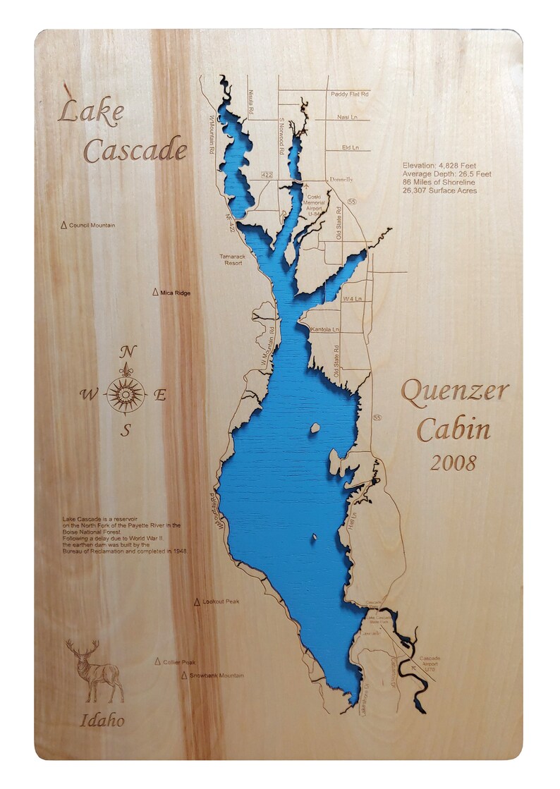 Lake Cascade Idaho Wood Laser Cut Topographical Engraved Map Etsy