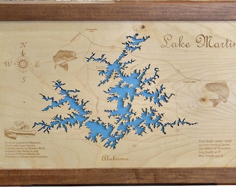 May include: A wooden map of Lake Martin in Alabama, with a blue water cutout, a compass, and a fish illustration. The text "Lake Martin" is written in cursive at the top right corner. The text "Alabama" is written at the bottom center of the map. The text "Your Basin - 1973 - Present 44,000 Surface Acres 250 Miles of Shoreline Avg Depth at ft Max Depth 150 ft" is written at the bottom right corner.