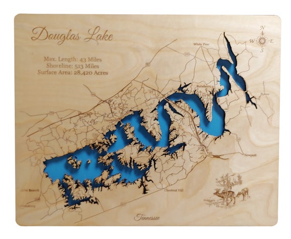 douglas lake tennessee map Wood Laser Cut Map Of Douglas Lake Tennessee Topographical Etsy douglas lake tennessee map