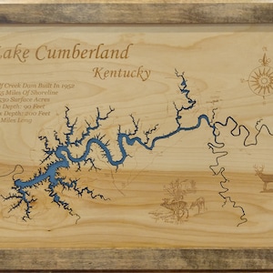 Lake Cumberland in Clinton, Laurel, McCreary, Pulaski, Russell, and Wayne counties, Kentucky - Precision Laser Cut/Engraved Wood Map