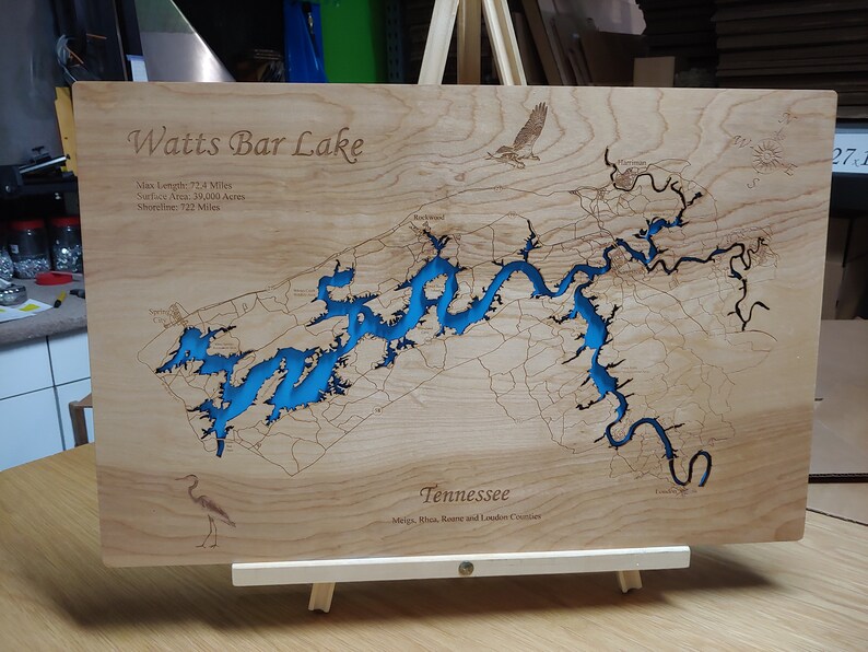 Watts Bar Lake TN Wood Laser Cut Topographical Engraved Map Etsy
