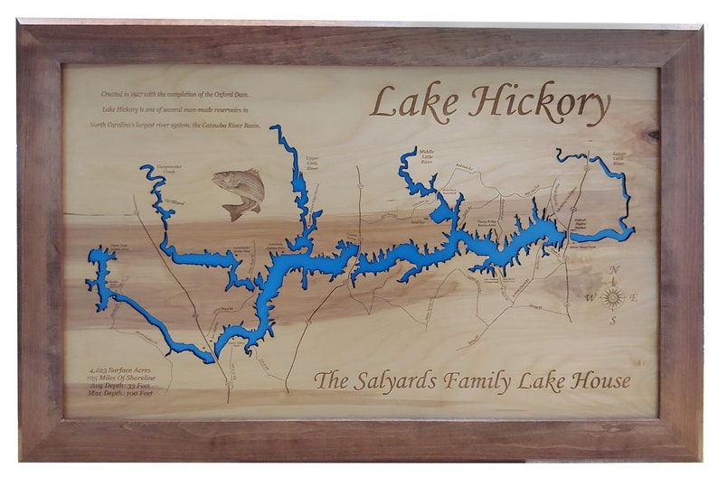 Lake Hickory NC Wood Laser Cut Topographical Engraved Map Etsy