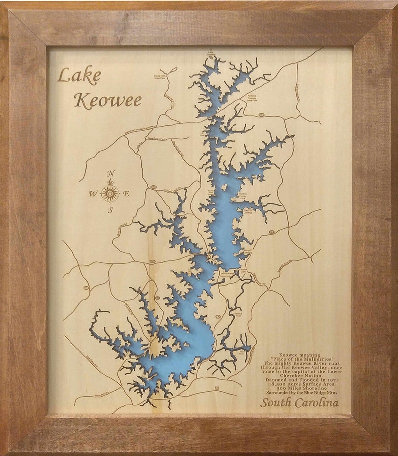 Lake Keowee S.C. Wood Laser Cut Topographical Engraved Map ...