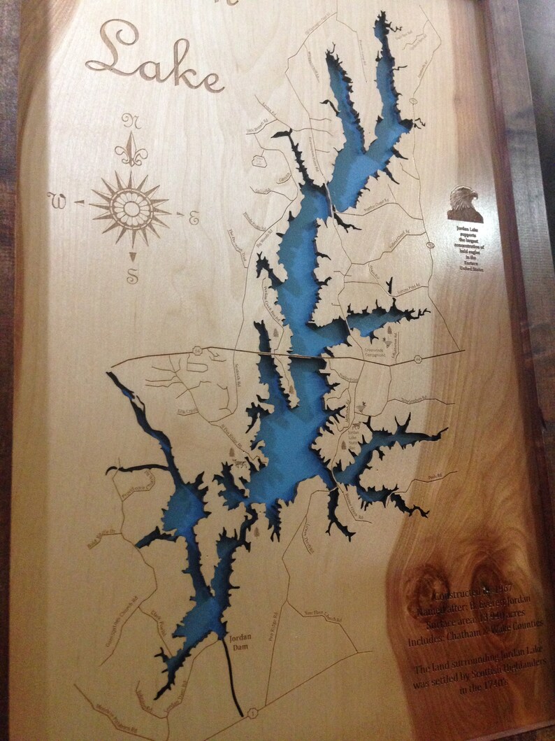 Jordan Lake NC Wood Laser Cut Topographical Engraved Map Etsy