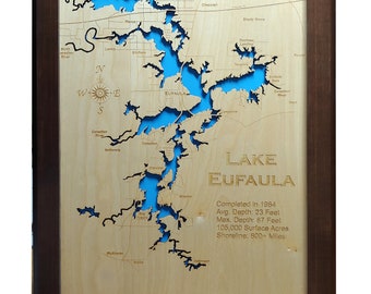 Eufaula Lake, Oklahoma- Mapa de madera cortada / grabada con láser de precisión