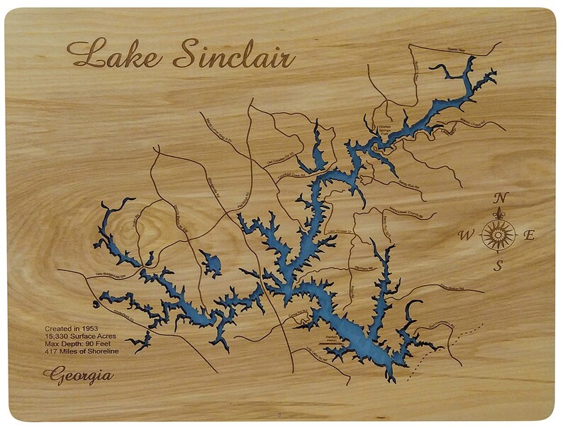 Lake Sinclair GA Wood Laser Cut Topographical Engraved Map Etsy