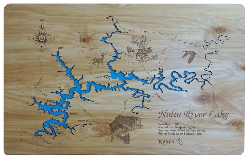 Nolin River Lake KY wood laser cut engraved lake map wall Etsy