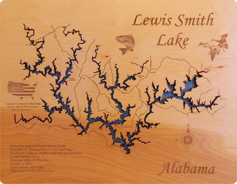 Lewis Smith Lake Alabama wooden laser engraved lake map wall Etsy