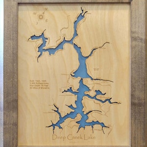 Deep Creek Lake in Garrett County, Maryland Wood Precision Laser Cut/Engraved Wood Map  Décor