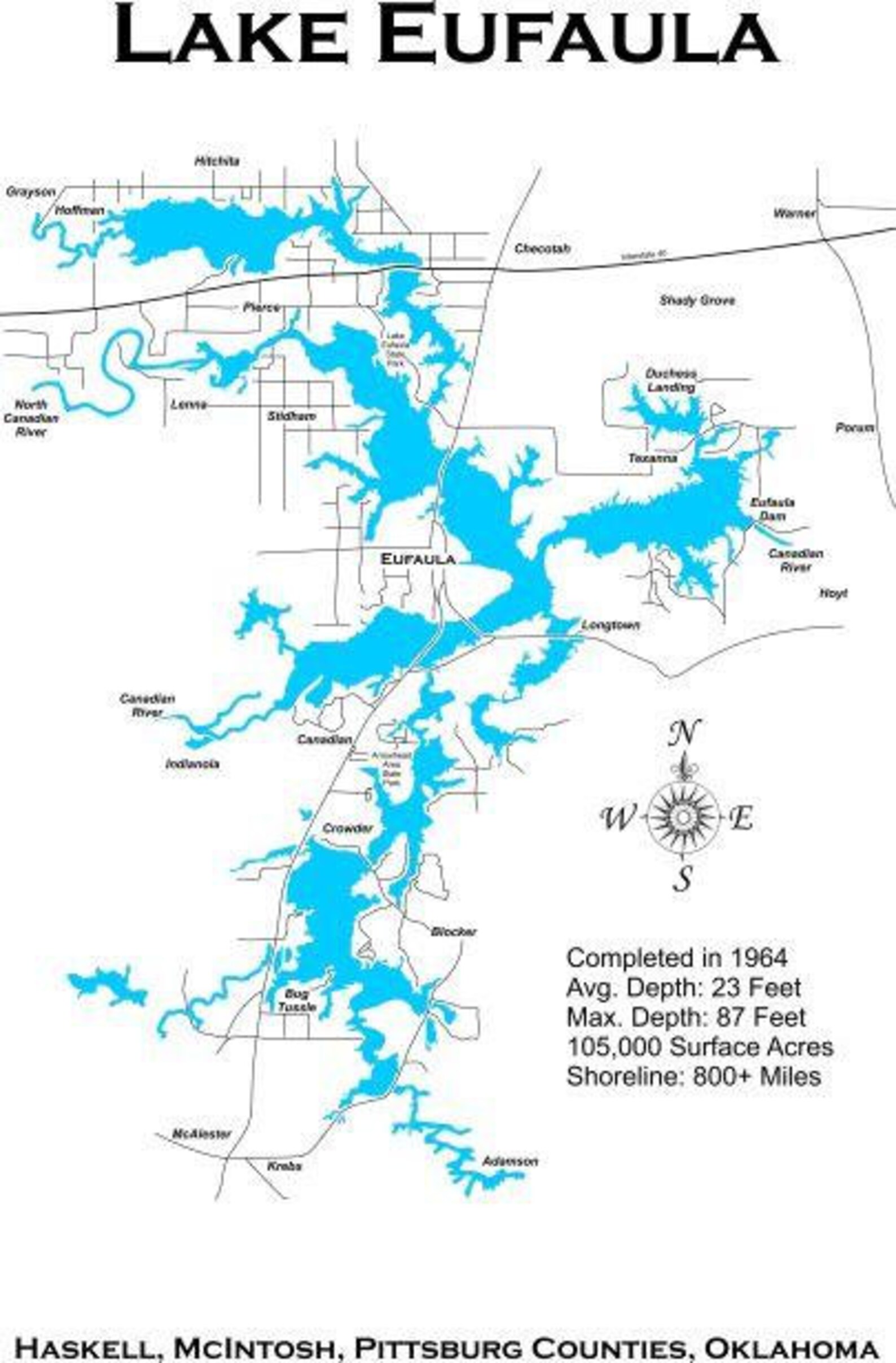 Laser Cut Wood Map of Eufaula Lake Oklahoma