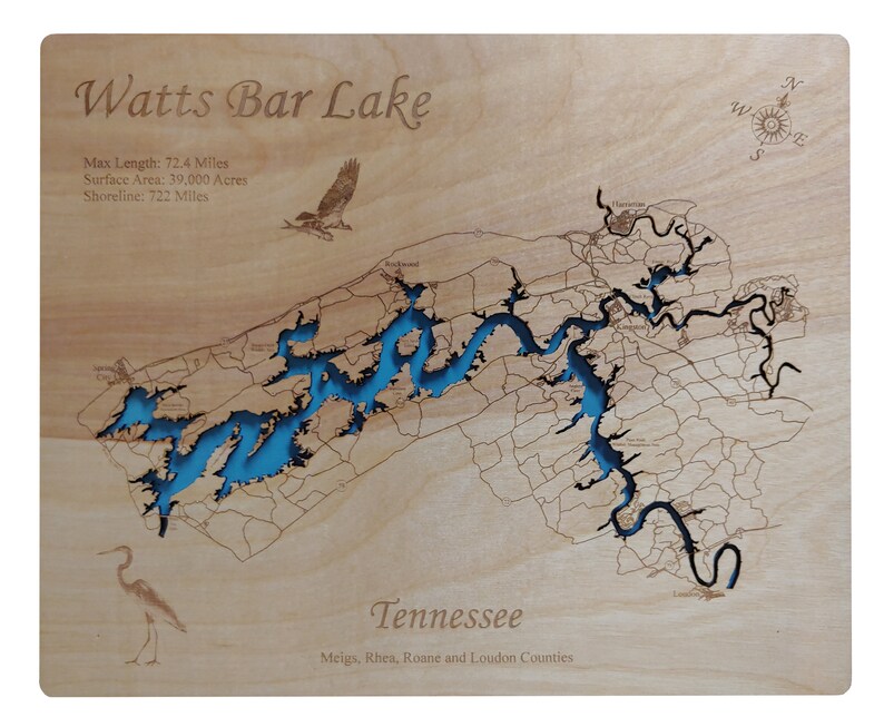 Watts Bar Lake TN Wood Laser Cut Topographical Engraved Map Etsy