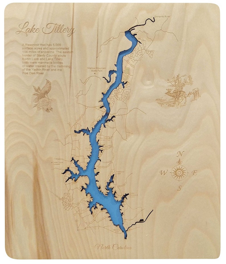 Lake Tillery North Carolina Wood Cut Laser Map Etsy
