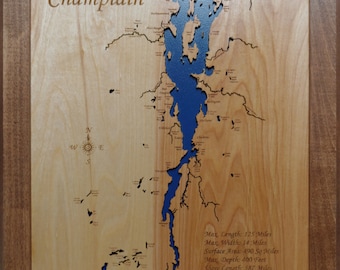 Lake Champlain, Vermont - Mapa de madera cortada con láser de precisión / grabada