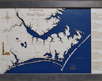 Neuse River, Carolina del Norte - Mapa de madera cortada con láser de precisión / grabada