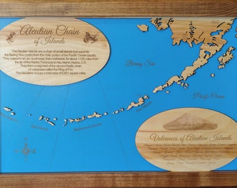 The Aleutian Chain in Alaska - Precision Laser Cut/Engraved Wood Map