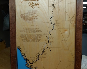 Río Suwannee, Florida - Mapa de madera grabado/cortado con láser de precisión