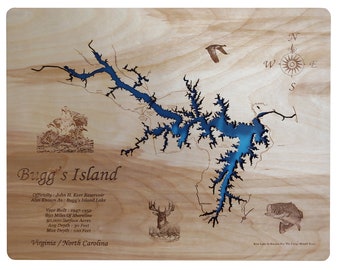 Buggs Island Lake in Virginia and North Carolina  - Precision Laser Cut/Engraved Wood Map