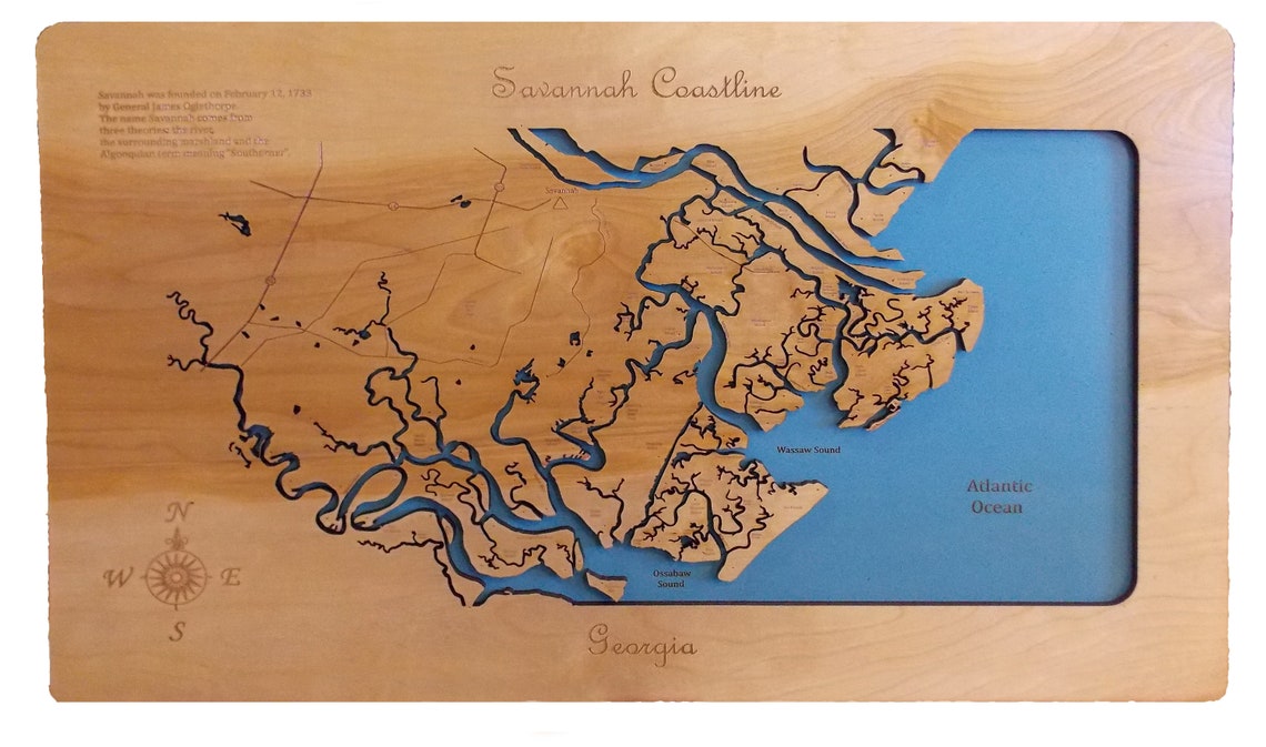 Savannah wooden laser engraved coastal map wall Etsy