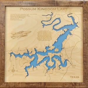 Possum Kingdom Lake in Palo Pinto, Stephens, Young and Jack Counties, Texas - Precision Laser Cut/Engraved Wood Map