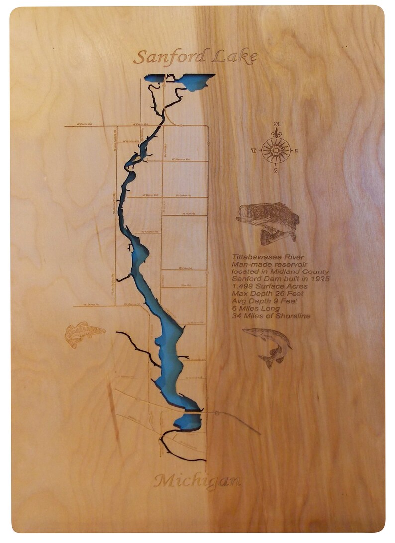 Sanford Lake MI Wood Laser Engraved Map Custom Text Etsy
