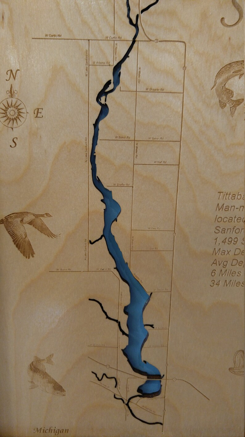 Sanford Lake MI Wood Laser Cut Topographical Engraved Map Etsy