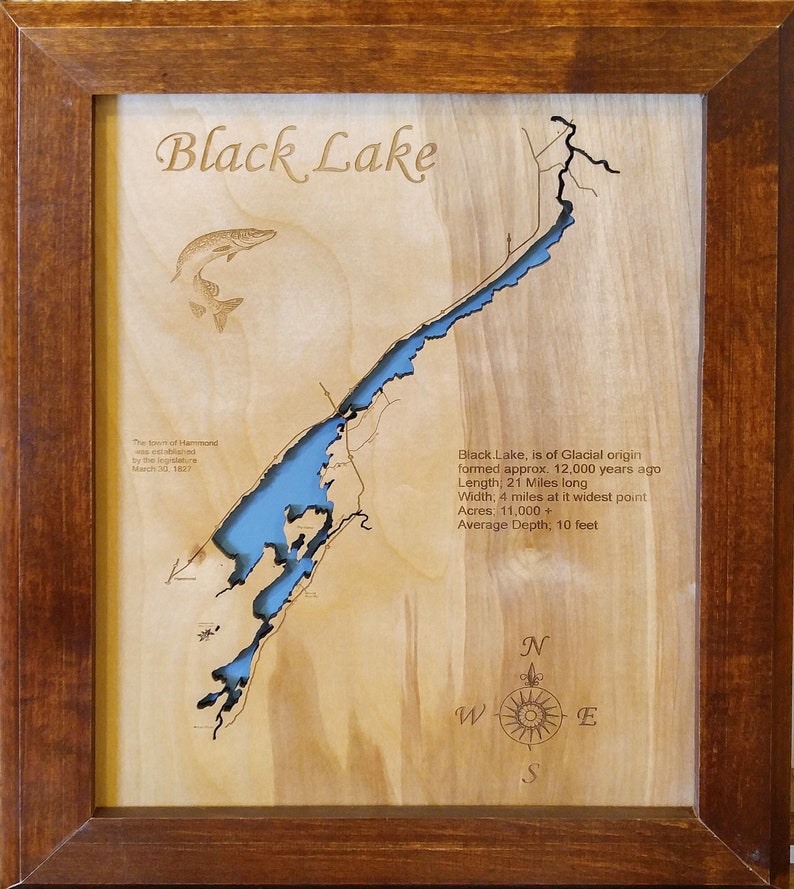 Black Lake in New York Wood Laser Cut Engraved Map Etsy