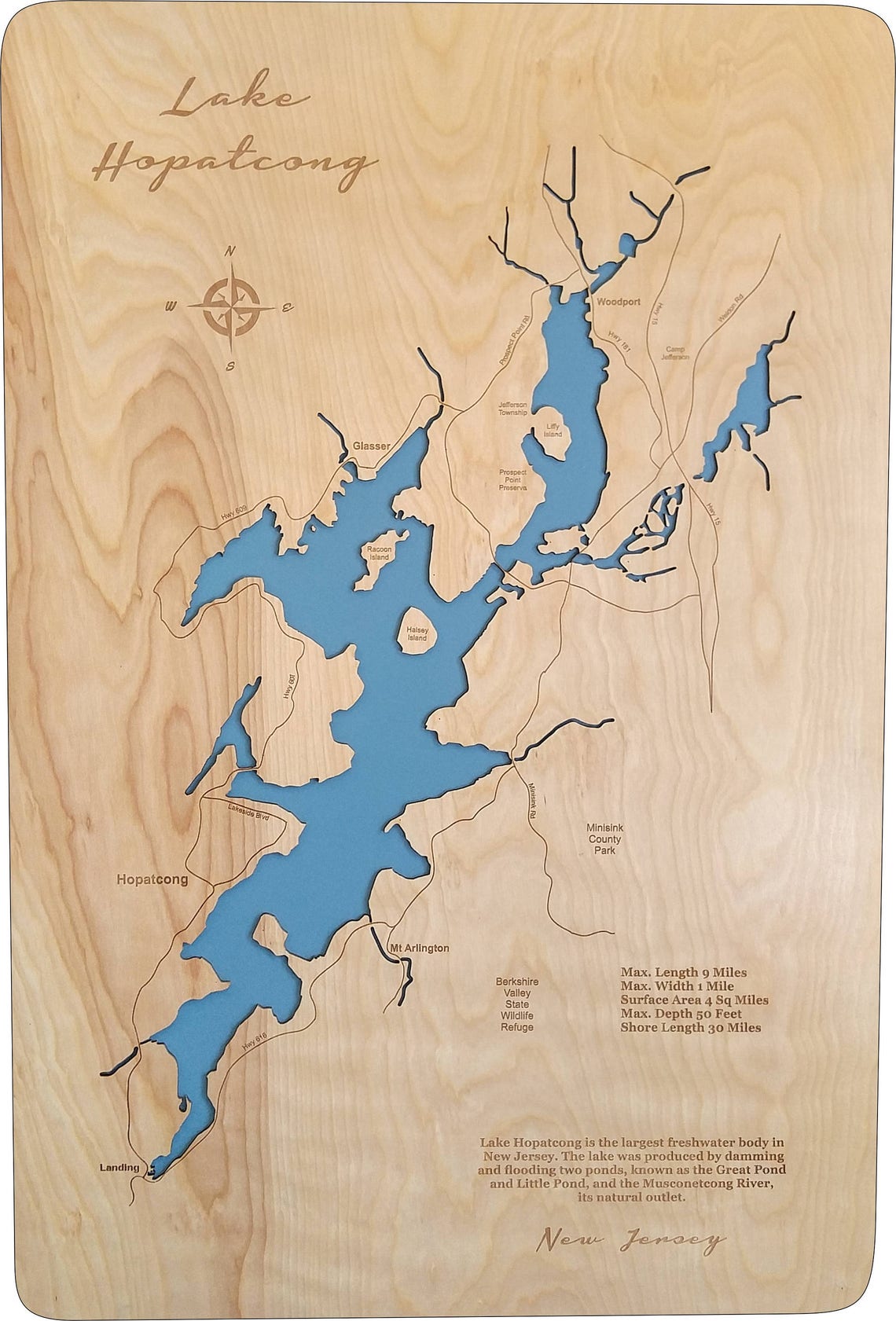 Lake Hopatcong NJ Wood Laser Cut Topographical Engraved Map Etsy