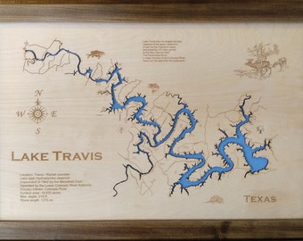 Lake Travis, Texas - Mapa de madera cortada con láser de precisión / grabada