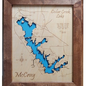 Cedar Creek Lake in Henderson and Kaufman Counties, Texas - Precision Laser Cut/Engraved Wood Map