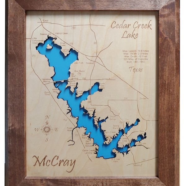 Cedar Creek Lake in Henderson and Kaufman Counties, Texas - Precision Laser Cut/Engraved Wood Map