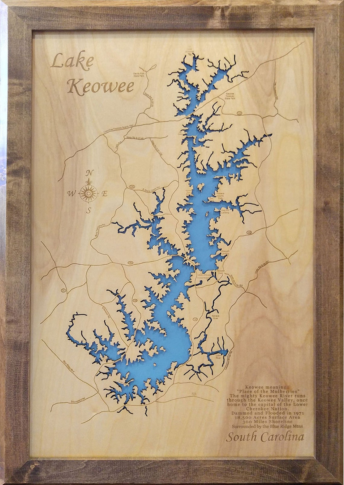 Lake Keowee S.C. Wood Laser Cut Topographical Engraved Map Etsy