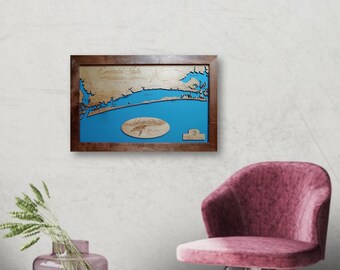 Emerald Isle North Carolina Wood Mapa grabado con láser / Texto personalizado incluido / Signo de madera / Arte mural / Hecho a pedido