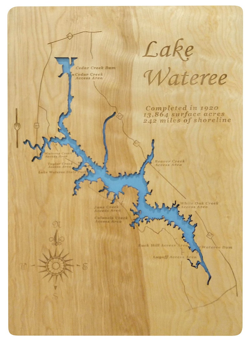 Lake Wateree SC Wood Laser Cut Topographical Engraved Map Etsy