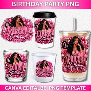 May include: A digital design set featuring five birthday-themed graphics with zodiac signs Virgo, Libra, Scorpio, Sagittarius, and Capricorn. Each graphic displays a woman in pink attire surrounded by pink roses, bows, and glittery text.