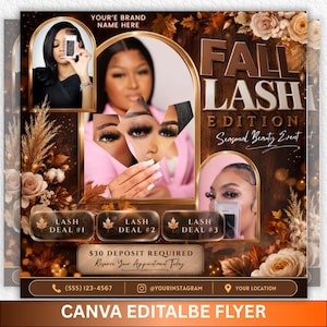 May include: A digital flyer template titled FALL LASH EDITION featuring three arched photo frames with images of individuals holding eyelash product boxes. The design includes brown floral accents, text placeholders, and three lash deal buttons.
