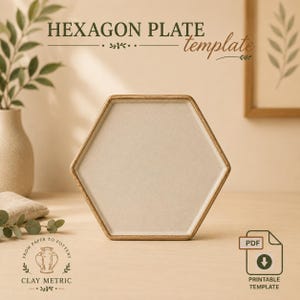 Può includere: Un modello di piatto esagonale con una superficie testurizzata beige chiaro e un bordo marrone più scuro. Il testo HEXAGON PLATE template è visualizzato in alto, con un'icona di modello stampabile PDF e il logo Clay Metric in basso.