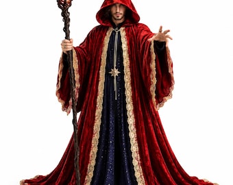 Mörk fantasi-trollkarlsmantel, fantasydräkt, medeltida magikermantel, renässans-trollkarldräkt, gotisk lajvmantel cosplay, Halloween-outfit