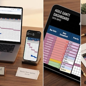 Puede incluir: Un portátil y un smartphone que muestran un Agile Gantt Dashboard para Google Sheets, acompañados de una guía de usuario impresa, un letrero de escritorio con Agile Gantt Dashboard for Google Sheets y una tarjeta con Master Your Sprints.