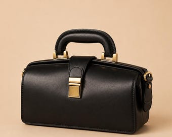 Doctor Bag, Black Top Handle Bag, Vintage Handbag, Italian Purse, Gift for Her