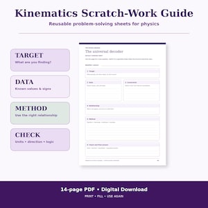 May include: A Kinematics Scratch-Work Guide digital download featuring a physics problem-solving sheet titled The Universal Decoder. The layout includes sections for Target, Data, Constraints, Relationship, Method, and Check, with purple and white color scheme.