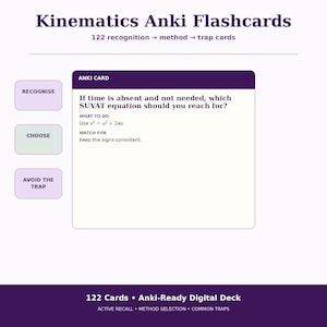 Puede incluir: Mazo de cartas digitales Kinematics Anki Flashcards con 122 tarjetas. La pantalla muestra una tarjeta de ejemplo con el texto: If time is absent and not needed, which SUVAT equation should you reach for? What to do: Use v² = u² + 2as. Watch for: Keep the signs consistent.