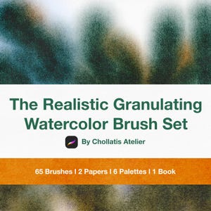 Może przedstawiać: Cyfrowa grafika produktu zatytułowana The Realistic Granulating Watercolor Brush Set autorstwa Chollatis Atelier. Tekst zawiera 65 Brushes, 2 Papers, 6 Palettes i 1 Book na ciemnym, teksturowanym, abstrakcyjnym zielono-pomarańczowym tle.