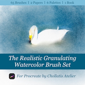 May include: A digital art set titled The Realistic Granulating Watercolor Brush Set for Procreate by Chollatis Atelier, featuring a white swan on blue water, including 65 brushes, 2 papers, 6 palettes, and 1 book.