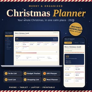Puede incluir: Un planificador de Navidad digital mostrado en una pantalla de portátil y un teléfono inteligente, con una interfaz azul oscuro y crema que incluye el texto Merry & Organized Christmas Planner, 2026, y varios módulos de seguimiento.