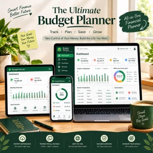 Può includere: Un pianificatore di budget digitale visualizzato su un computer portatile, un tablet e uno smartphone. L'interfaccia mostra dashboard finanziarie con grafici, entrate, uscite e risparmi. Il testo include The Ultimate Budget Planner, Track, Plan, Save, Grow.