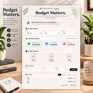May include: A digital monthly budget planner interface titled Budget Matters, featuring sections for budget settings, monthly summary, budget allocation, and entries. The layout includes fields for income, spending, and savings goals with a clean, white background.